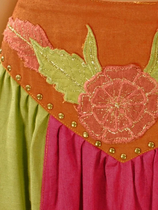 Vintage 80s Western Patchwork Orange Pink Green Colourblock Studded Long Skirt - Picture 3 of 5